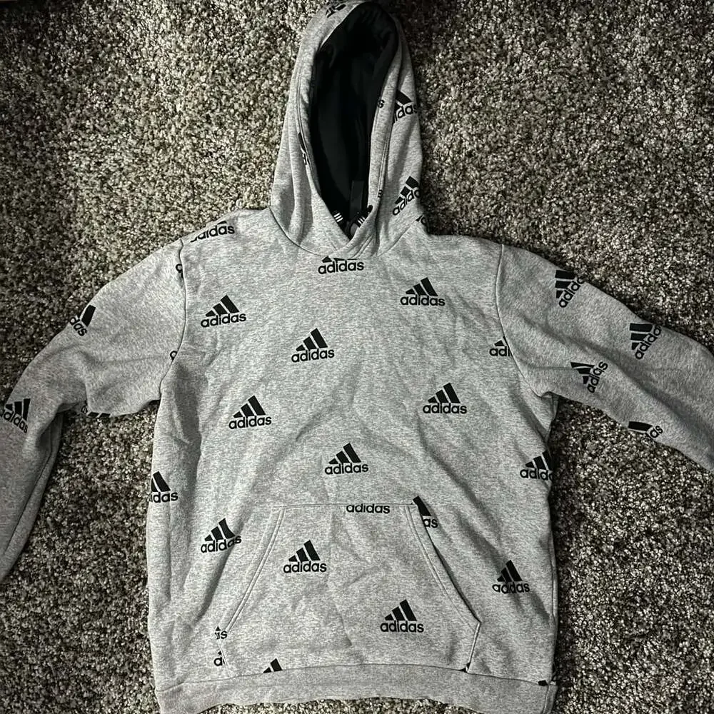 Adidas Badge of Sport Allover Print Hoodie Size L Grey Black
